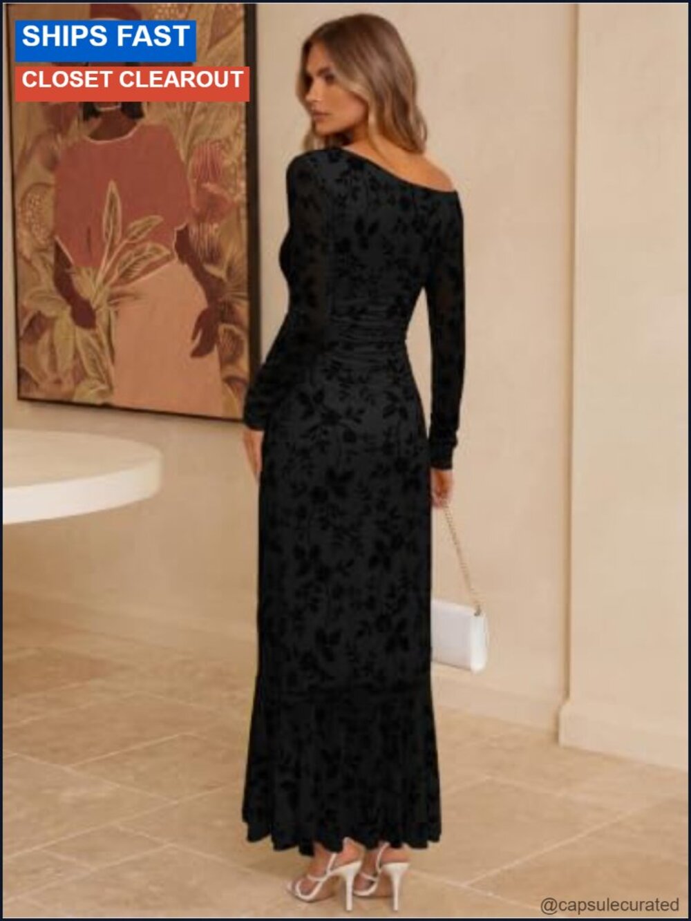 Off Shoulder Bodycon Maxi Dress Ruched One Shoulder Ruffle Hem Formal - Picture 4 of 6